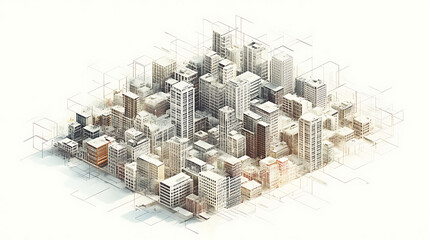 Poster - Isometric cityscapes, white backdrop, conceptual mapping, and geometric diagram displaying different surfaces of the European terrain with layers of transparency an atlas of residential neighborhoods