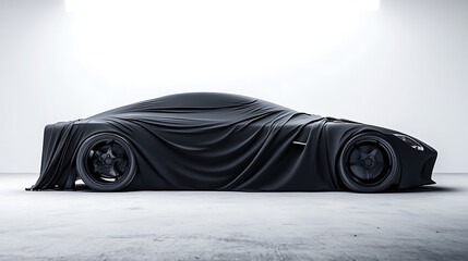Aufkleber - Realistic, The entire car is wrapped in white fabric, ready to be unveiled against a black backdrop