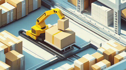 Aufkleber - An isometric illustration featuring a yellow robotic arm carrying a cardboard box in a warehouse, showcasing automated warehouse operations with autonomous robot transportation
