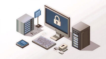 Fototapete - An isometric illustration shows personal data security, with a computer and lock representing protection of online file servers, ideal for web banners