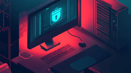 Leinwandbilder - An isometric illustration shows personal data security, with a computer and lock representing protection of online file servers, ideal for web banners