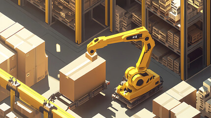 Aufkleber - An isometric illustration featuring a yellow robotic arm carrying a cardboard box in a warehouse, showcasing automated warehouse operations with autonomous robot transportation