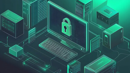 Aufkleber - An isometric illustration shows personal data security, with a computer and lock representing protection of online file servers, ideal for web banners
