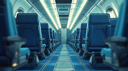 Poster - During a daytime flight, the interior of a modern aircraft is depicted with rows of blue flight seats and a spacious hallway, evoking a sense of calm and emptiness