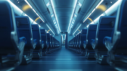 Poster - During a daytime flight, the interior of a modern aircraft is depicted with rows of blue flight seats and a spacious hallway, evoking a sense of calm and emptiness