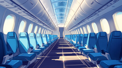 Poster - During a daytime flight, the interior of a modern aircraft is depicted with rows of blue flight seats and a spacious hallway, evoking a sense of calm and emptiness