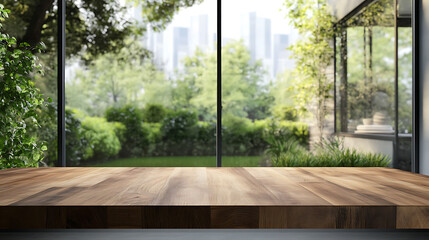 Poster - Empty wood table top and blur glass window wall building banner mock up abstract background , can used for display or montage your products