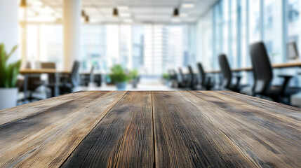 Poster - Empty wood table top and blur glass window wall building banner mock up abstract background , can used for display or montage your products