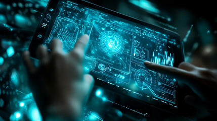 Fototapete - Grasping a digital tablet that contains a smart energy controller or an online home automation system for remote home control, Every screen image is artificial