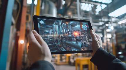 Poster - In the realm of Industry 4, 0 and augmented reality, a hand holds a tablet with an AR application for thermal monitoring of motor parts, checking for potential damage in a smart factory background
