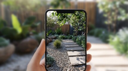 Poster - A hand holds a smartphone displaying a meticulously designed garden path. The serene outdoor space features a variety of plants, stones, and greenery, reflecting contemporary landscape architecture.