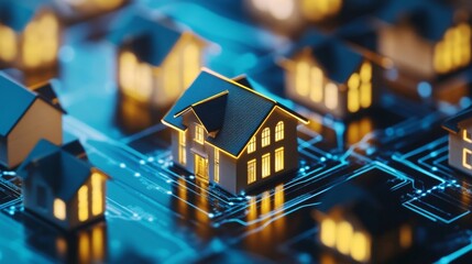Poster - Digital circuits showcase illuminated houses, symbolizing the fusion of technology and real estate.