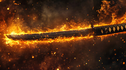 Aufkleber - A dramatic depiction of a Japanese sword engulfed in flames