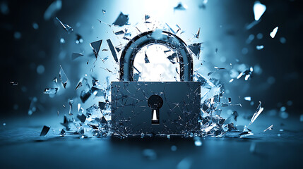 Poster - A digitally rendered image of a shattered padlock symbolizing compromised security, representing concepts of data breach, information vulnerability, and the fragility of digital protection