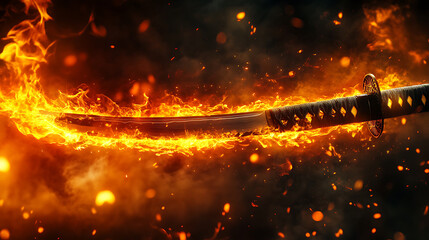 Aufkleber - A dramatic depiction of a Japanese sword engulfed in flames