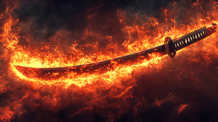 Aufkleber - A dramatic depiction of a Japanese sword engulfed in flames