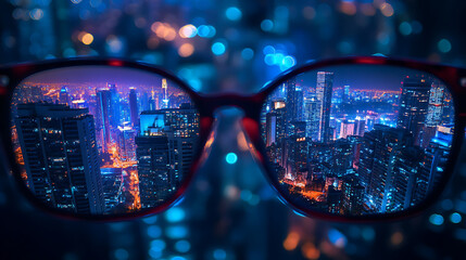 Leinwandbilder - A night cityscape reflected in the lenses of glasses