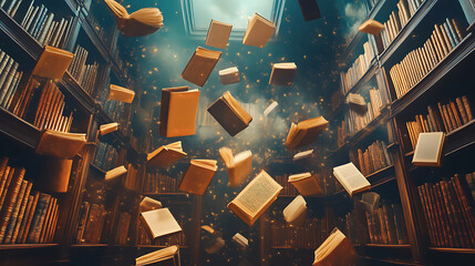 Poster - Books flying in magical library, imagination and fantasy concept