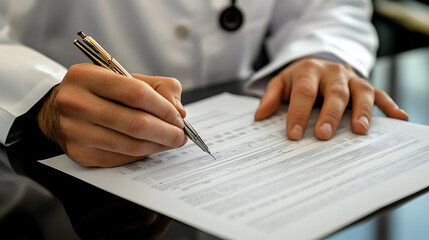 Aufkleber - A medical practitioner reviews comprehensive medical data on paper that has been enhanced with digital data visualization, indicating contemporary medical analysis