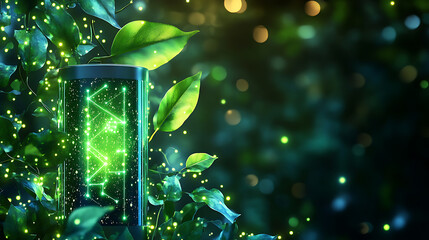 Aufkleber - Eco-friendly energy concept in the futuristic glowing style with green leaves and a charging battery