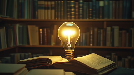 Poster - Education and knowledge, showcasing a bright light bulb symbolizing innovative ideas, surrounded by books and educational materials that represent learning, study, and the pursuit of self-development