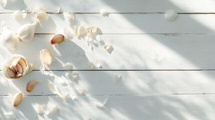 Aufkleber - Food photograph of garlic and garlic cloves on white wooden table with natural light, selected focus