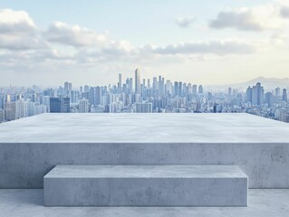 Wall Mural - Contemporary industrial Economic risk exposure consequences Gray concrete podium, front view focus, with city skyline silhouette background.