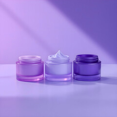 Wall Mural - Trio of Purple Cosmetic Jars Stacked on a Monochromatic Purple Background for Luxury Skincare Branding