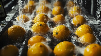 Fototapete - Ripe oranges are thoroughly washed under a stream of water in a juice production facility. This process ensures cleanliness before extracting juice. The atmosphere is vibrant with the citrus scent.