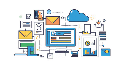 Poster - Process of business digitization, with data being transferred and uploaded to a cloud server for storage and remote access