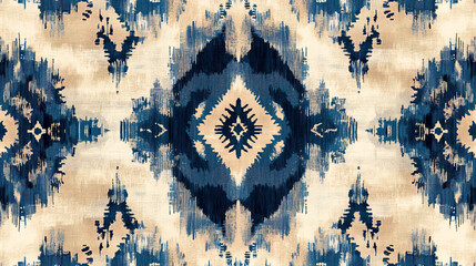 Poster - Indian Traditional Invite, Beige Geometric Oil, Sea Ikat Ethnic Pattern, Blue Ethnic Bohemian Pattern, Aquamarine Geometric Ikat Endless