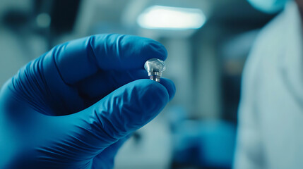 Aufkleber - A dentist's hand in a blue glove holds a tooth implant