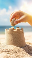 Poster - Child's hand building a sandcastle on a sunny beach day, AI