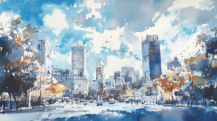 Poster - A watercolor painting of a city with blue sky surrounded and grey buildings