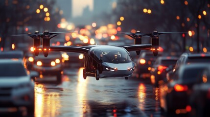 Aufkleber - An electric flying vehicle hovers above congested city streets during twilight, showcasing advanced transport technology.