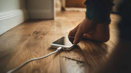 Poster - Plugging a smartphone charger cord into a power outlet adapter on a wooden floor