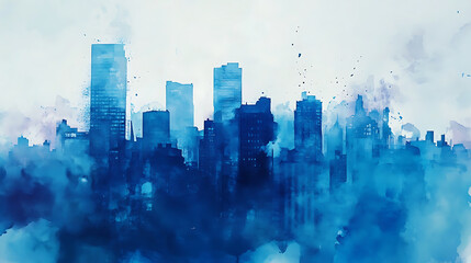 Poster - Abstract colorful watercolor painting of blue cityscape