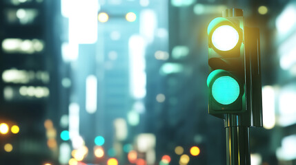 Aufkleber - Green traffic light against a blurred city background;