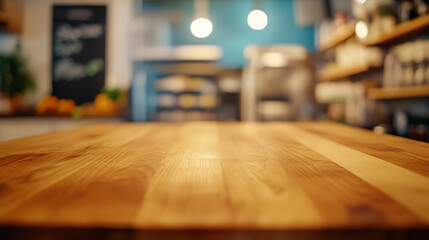 Poster - Photo of grocery store wood top table with blurry background