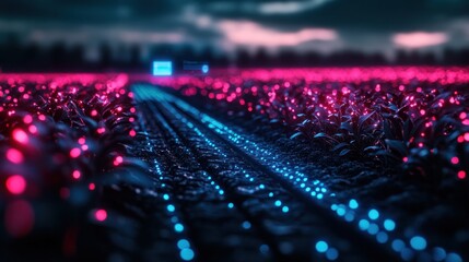 Wall Mural - A glowing path through a field of neon pink and blue lights.