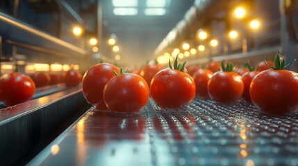 Poster - Ripe red tomatoes roll on a conveyor belt in a modern processing facility where they are being prepared for juice production. The atmosphere is vibrant with industrial lights illuminating the scene.