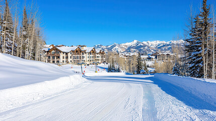 winter landscape featuring ski resort under clear blue sky, surrounded by snow covered mountains and trees. scene evokes sense of tranquility and adventure