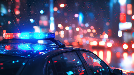 Aufkleber - A blue light flasher atop a police car, set against a background of city lights