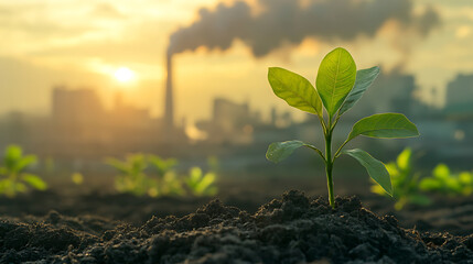 Wall Mural - Decarbonization, featuring a vibrant green plant in the foreground with a CO2-emitting industrial chimney in the background, symbolizing the balance between industry and environmental sustainability