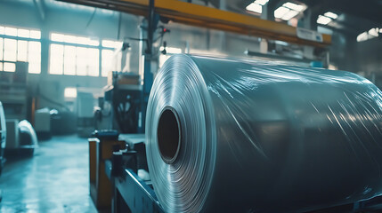 Poster - Industrial polyethylene film roll on production equipment, Production equipment winding a large roll of clear plastic film in a factory