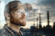 © mohdfaizal - Young man with plaid cap and glasses gazes thoughtfully outside industrial window during sunset in urban environment, reflecting on future opportunities and challenges