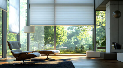 Poster - Modern interior window with energy-efficient cellular shades, featuring honeycomb design for superior thermal insulation and light control in a stylish home setting