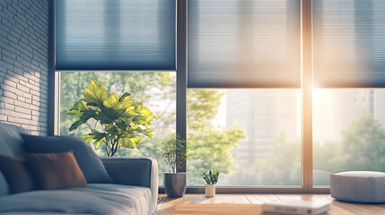 Poster - Modern interior window with energy-efficient cellular shades, featuring honeycomb design for superior thermal insulation and light control in a stylish home setting