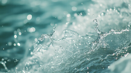 Fototapete - Splash of clear water with drops on light blue background, closeup, beautiful sea wave texture outdoors