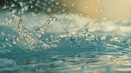 Fototapete - Splash of clear water with drops on light blue background, closeup, beautiful sea wave texture outdoors